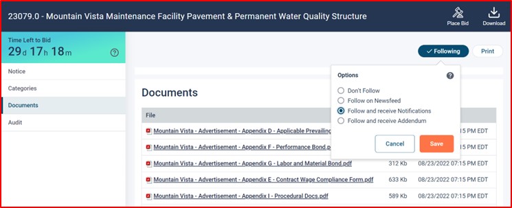 Bidnet Direct allow users to follow a solicitation to get notified via email with any updates